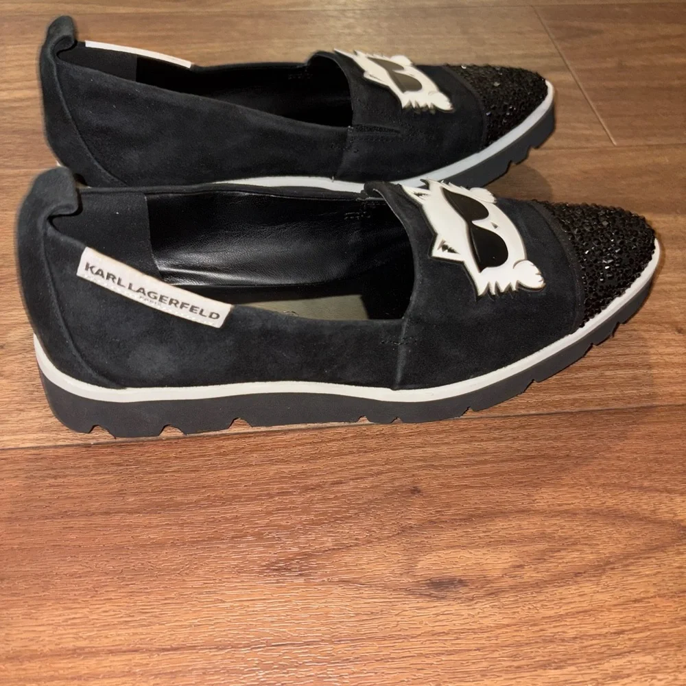 Karl Lagerfeld Cat Loafers Black Suede Rhinestone Studded 6m - Picture 3 of 6